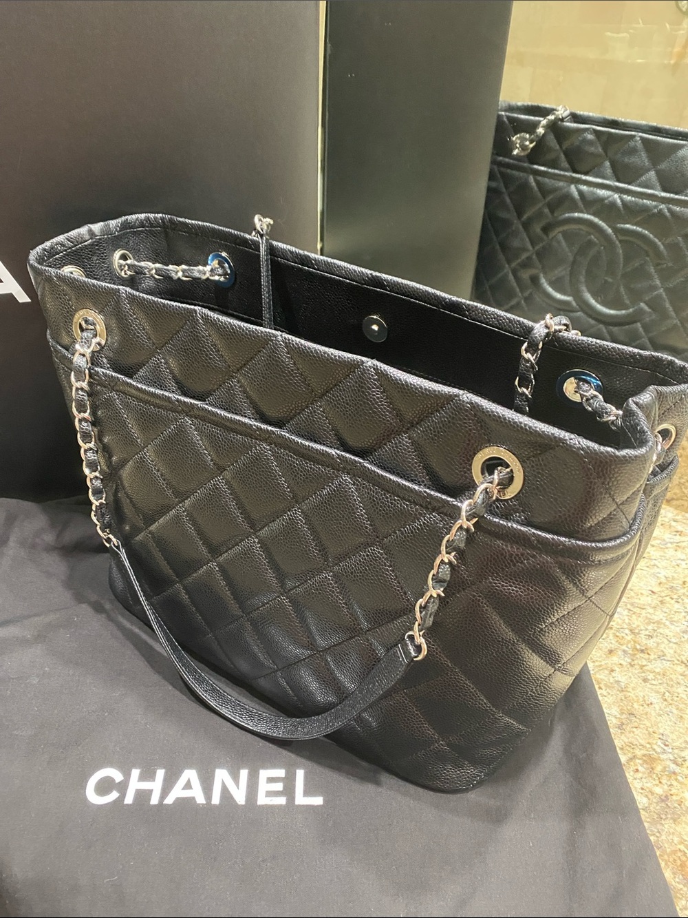 CHANEL Black Quilted Caviar Leather Tote with Chain-Strap Handles - Picture 6 of 8